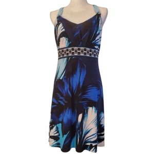 White House Black Market Blue Black Sleeveless Floral Print Halter Dress Size S